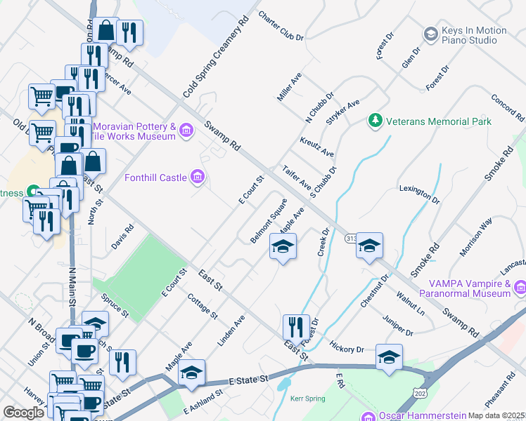 map of restaurants, bars, coffee shops, grocery stores, and more near 22 Belmont Square in Doylestown