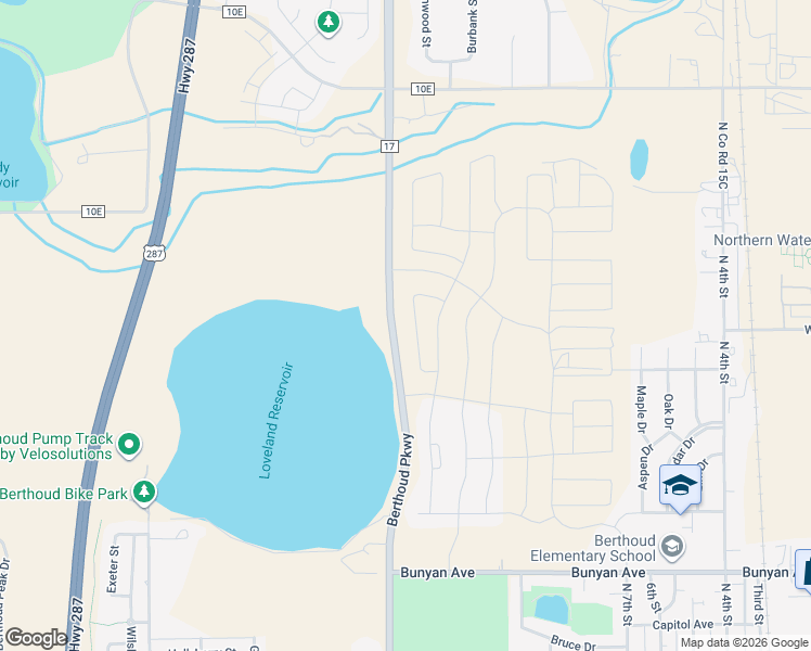 map of restaurants, bars, coffee shops, grocery stores, and more near Berthoud Parkway in Berthoud