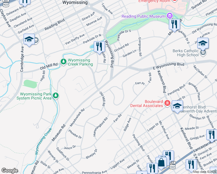 map of restaurants, bars, coffee shops, grocery stores, and more near 1523 Meadowlark Road in Wyomissing