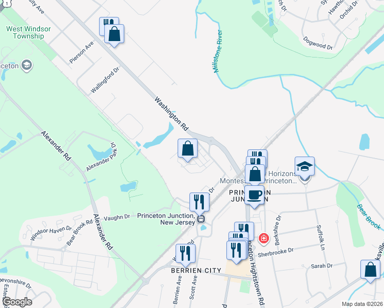 map of restaurants, bars, coffee shops, grocery stores, and more near 50 Washington Road in West Windsor Township