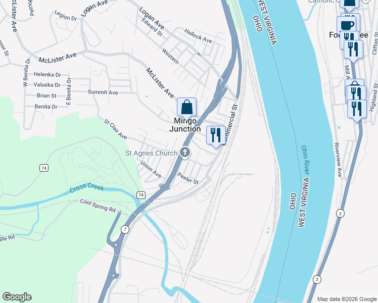 map of restaurants, bars, coffee shops, grocery stores, and more near 120 Murdock Street in Mingo Junction