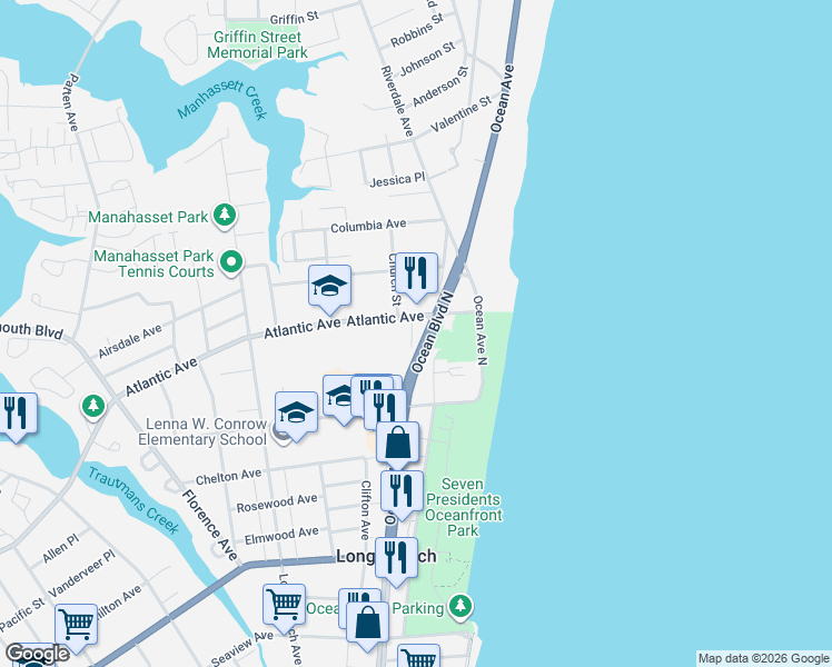 map of restaurants, bars, coffee shops, grocery stores, and more near 465 Ocean Boulevard North in Long Branch