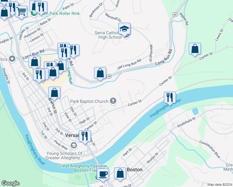 map of restaurants, bars, coffee shops, grocery stores, and more near 130 Harphen Street in McKeesport