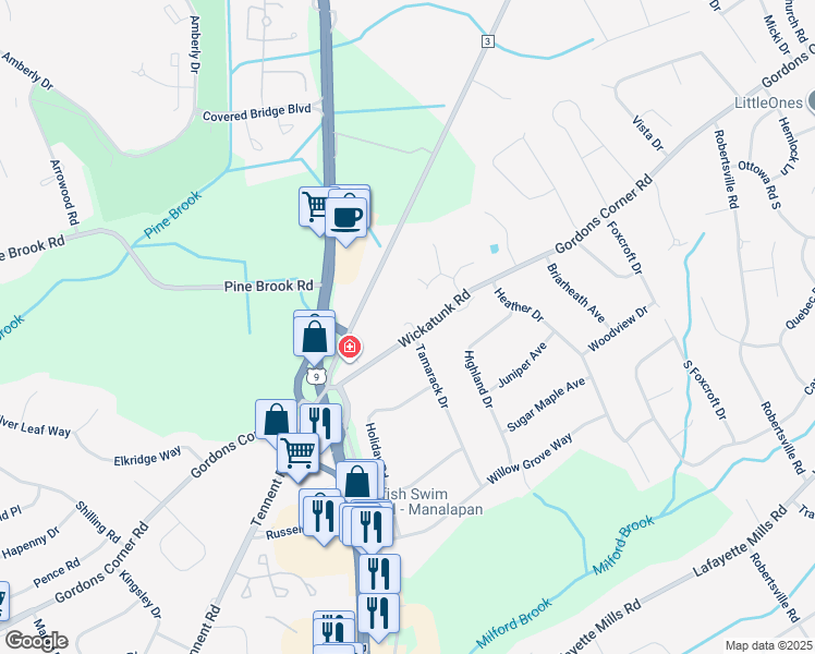 map of restaurants, bars, coffee shops, grocery stores, and more near 15a Wickatunk Road in Manalapan Township