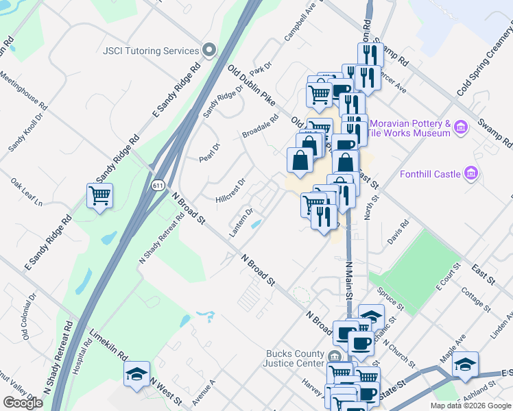 map of restaurants, bars, coffee shops, grocery stores, and more near 7 Woodbridge Drive in Doylestown