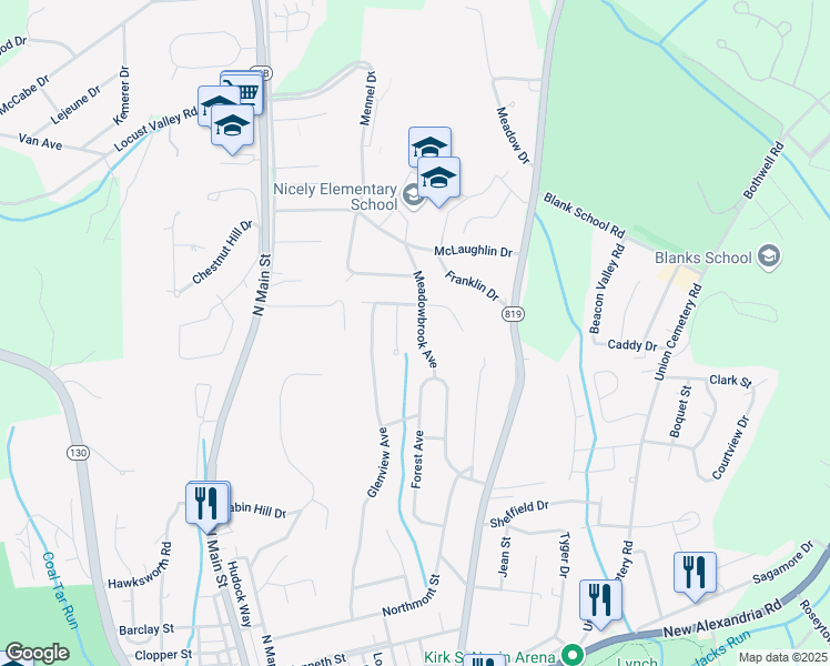 map of restaurants, bars, coffee shops, grocery stores, and more near 65 Meadowbrook Ave in Greensburg
