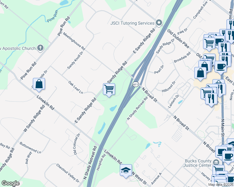 map of restaurants, bars, coffee shops, grocery stores, and more near 20 Sterling Crest Court in Doylestown