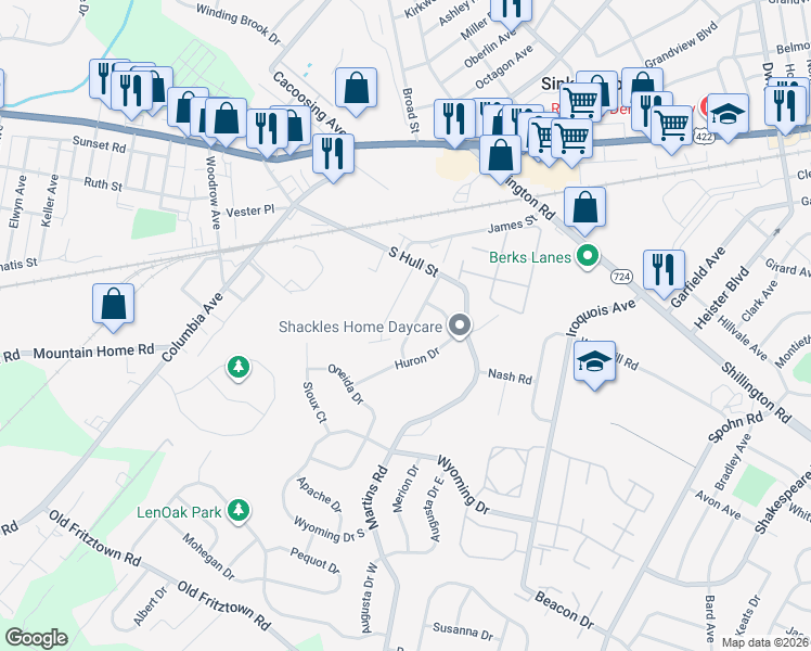 map of restaurants, bars, coffee shops, grocery stores, and more near 730 Maria Avenue in Sinking Spring