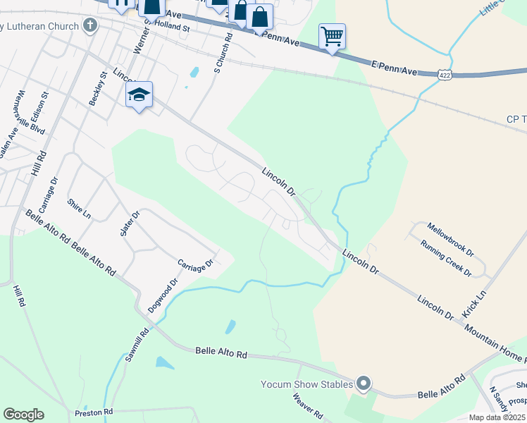 map of restaurants, bars, coffee shops, grocery stores, and more near 406 Omicron Place in Wernersville