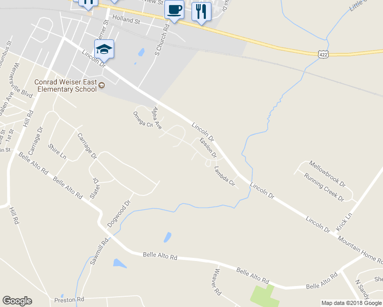 map of restaurants, bars, coffee shops, grocery stores, and more near 406 Omicron Place in Wernersville