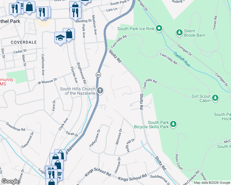 map of restaurants, bars, coffee shops, grocery stores, and more near 5566 Beverly Court in Bethel Park