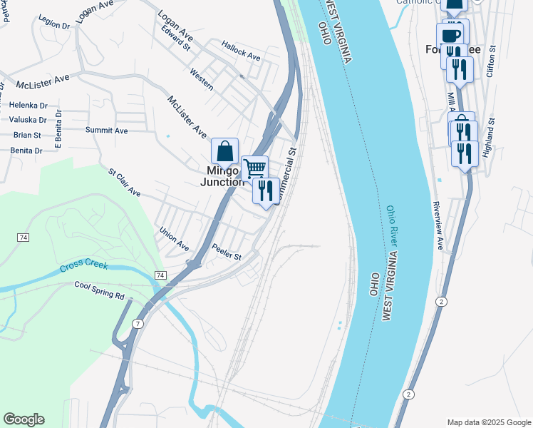 map of restaurants, bars, coffee shops, grocery stores, and more near 679 Commercial Street in Mingo Junction