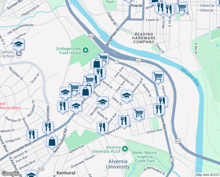 map of restaurants, bars, coffee shops, grocery stores, and more near 108 Carroll Street in Reading
