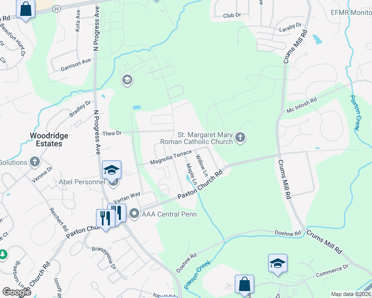 map of restaurants, bars, coffee shops, grocery stores, and more near 2516 Magnolia Terrace in Harrisburg