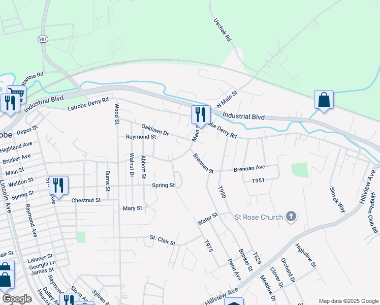 map of restaurants, bars, coffee shops, grocery stores, and more near 104 Brennan Avenue in Latrobe