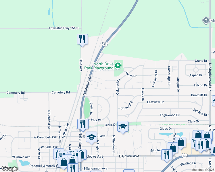 map of restaurants, bars, coffee shops, grocery stores, and more near 583 Pinecrest Place in Rantoul