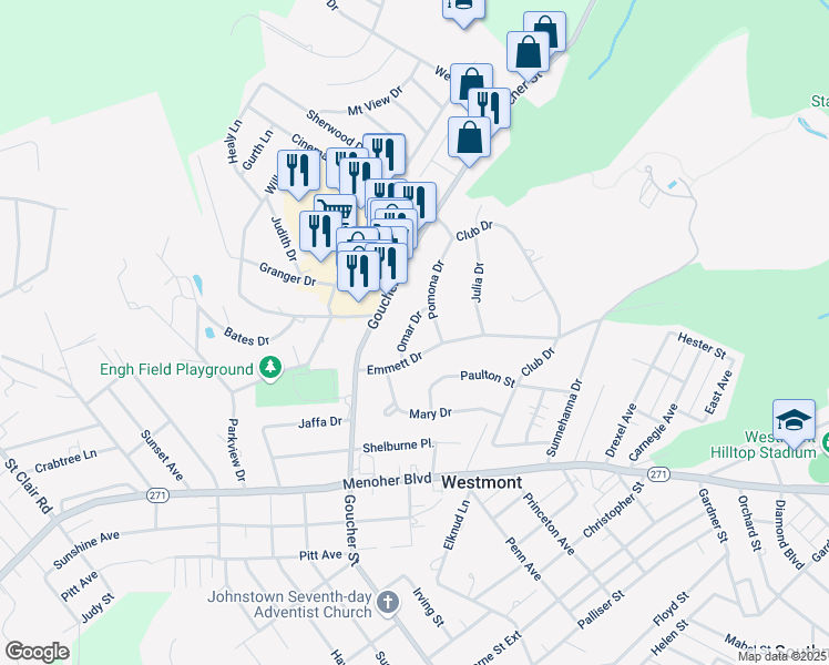 map of restaurants, bars, coffee shops, grocery stores, and more near 1001-1099 Omar Drive in Johnstown