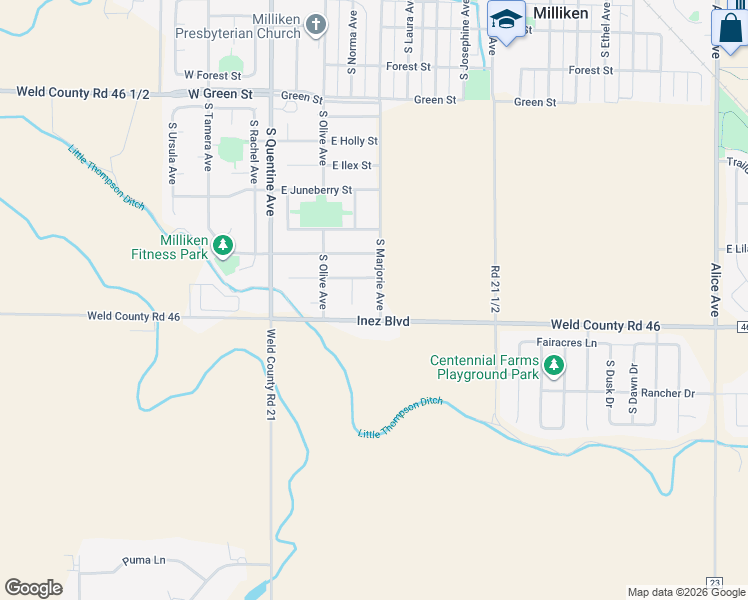 map of restaurants, bars, coffee shops, grocery stores, and more near 1130 South Marjorie Avenue in Milliken