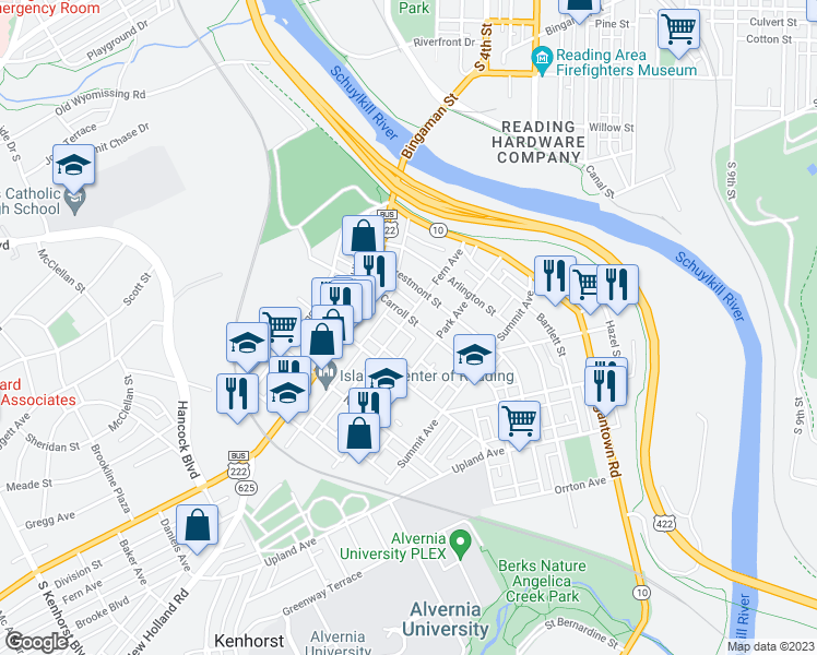 map of restaurants, bars, coffee shops, grocery stores, and more near 108 Carroll Street in Reading