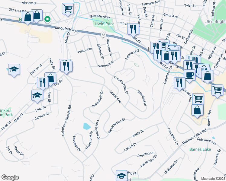 map of restaurants, bars, coffee shops, grocery stores, and more near 9919 Laurel Avenue in Irwin