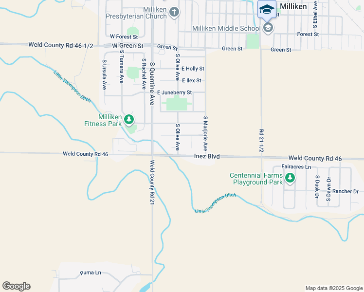 map of restaurants, bars, coffee shops, grocery stores, and more near 1131 South Olive Avenue in Milliken