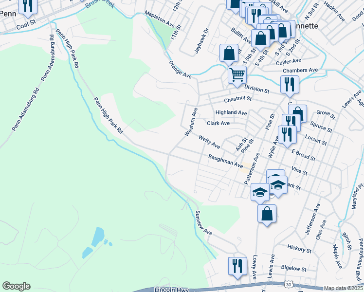 map of restaurants, bars, coffee shops, grocery stores, and more near 811 Baughman Avenue in Jeannette