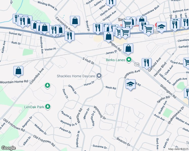 map of restaurants, bars, coffee shops, grocery stores, and more near 310 Diane Avenue in Sinking Spring