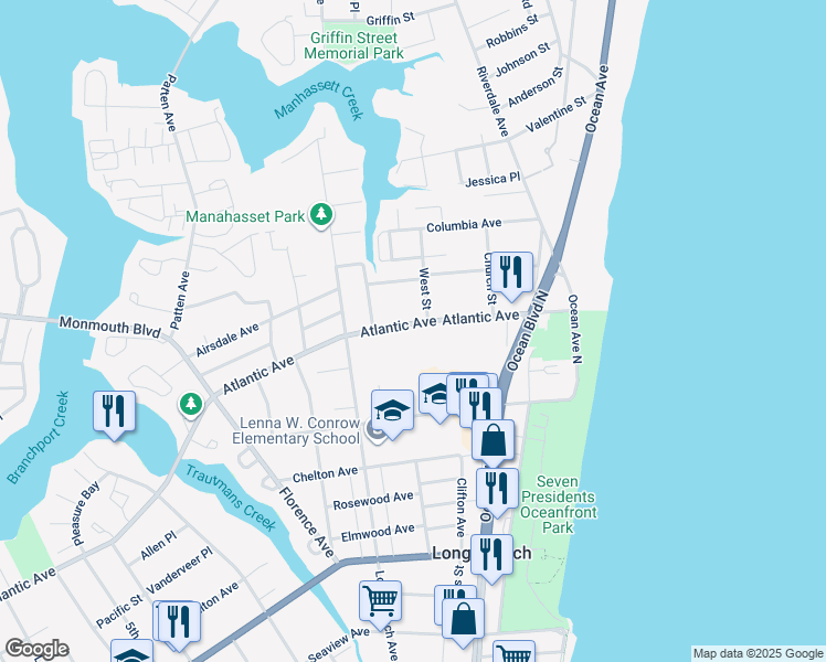 map of restaurants, bars, coffee shops, grocery stores, and more near 96 Atlantic Avenue in Long Branch