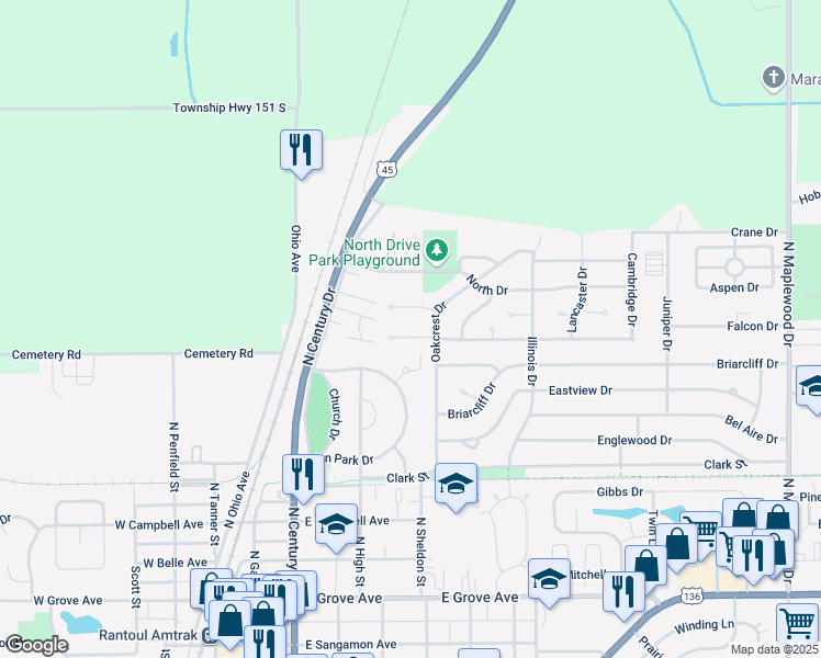 map of restaurants, bars, coffee shops, grocery stores, and more near 583 Pinecrest Place in Rantoul