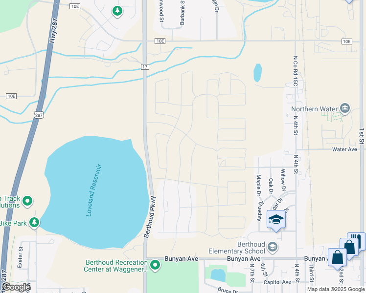 map of restaurants, bars, coffee shops, grocery stores, and more near 1614 Vantage Parkway in Berthoud