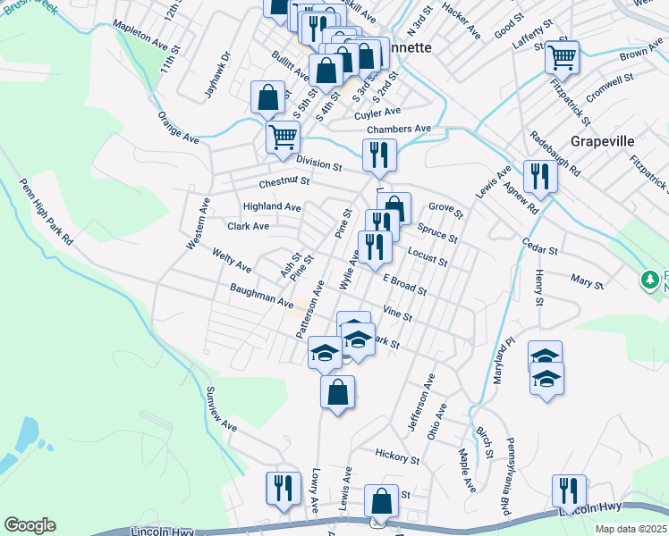 map of restaurants, bars, coffee shops, grocery stores, and more near 712 Solar Lane in Jeannette