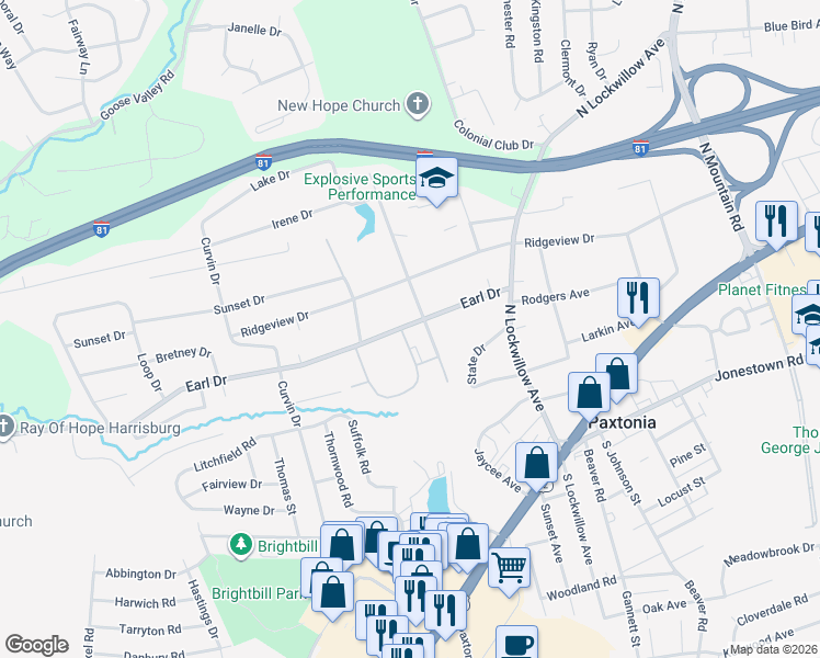 map of restaurants, bars, coffee shops, grocery stores, and more near 134 Joya Circle in Paxtonia