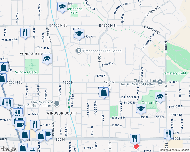 map of restaurants, bars, coffee shops, grocery stores, and more near East 1250 North Street in Mapleton
