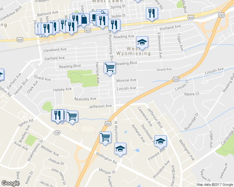 map of restaurants, bars, coffee shops, grocery stores, and more near 621 West Wyomissing Boulevard in Reading