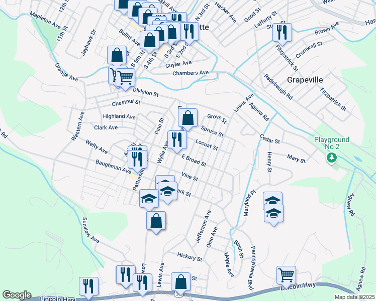 map of restaurants, bars, coffee shops, grocery stores, and more near 609 Washington Ave in Jeannette