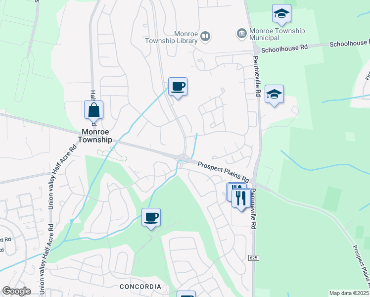 map of restaurants, bars, coffee shops, grocery stores, and more near 43 Winthrop Road in Monroe Township