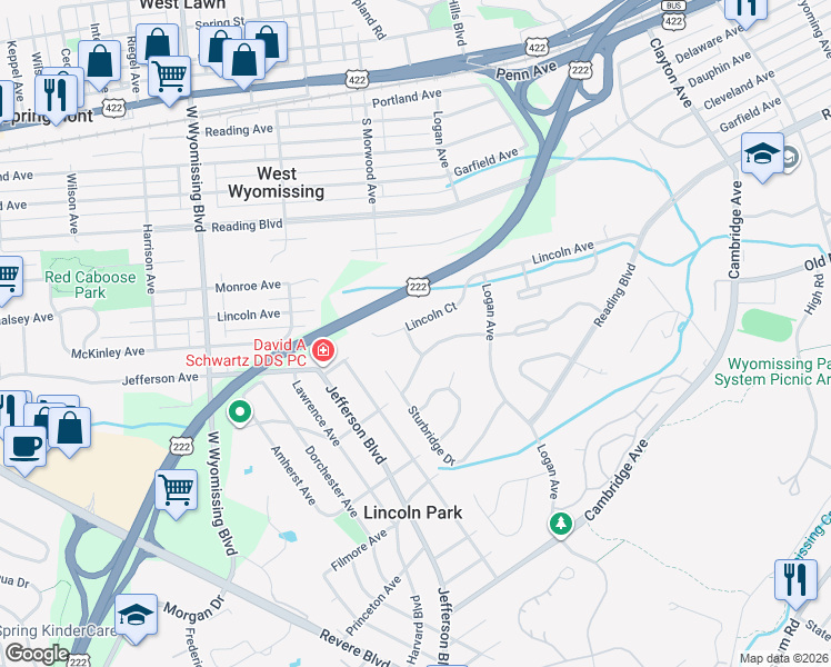 map of restaurants, bars, coffee shops, grocery stores, and more near 113 Durham Street in Wyomissing