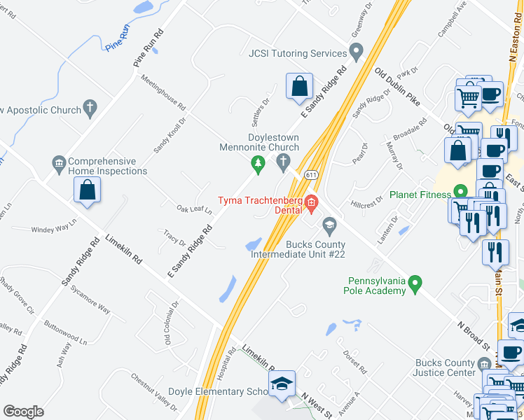 map of restaurants, bars, coffee shops, grocery stores, and more near 18 Sterling Crest Court in Doylestown