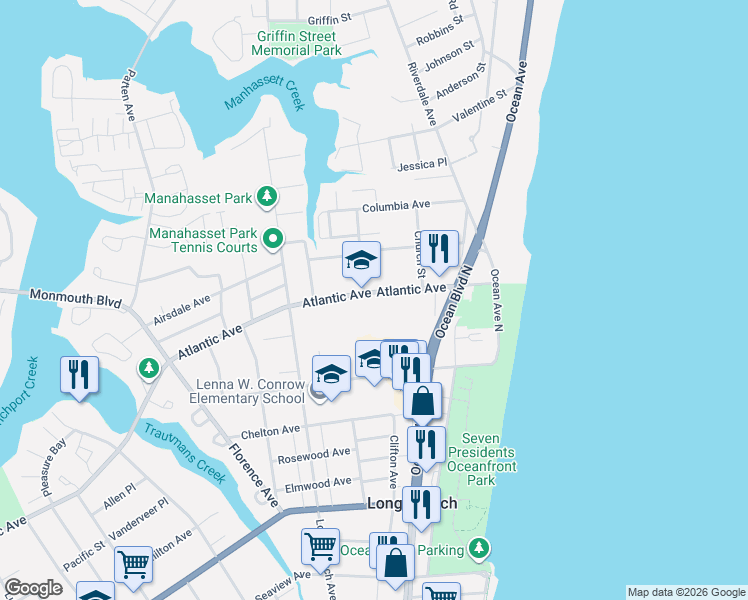 map of restaurants, bars, coffee shops, grocery stores, and more near 82 Atlantic Avenue in Long Branch