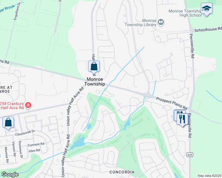 map of restaurants, bars, coffee shops, grocery stores, and more near 140 Prospect Plains Road in Monroe Township