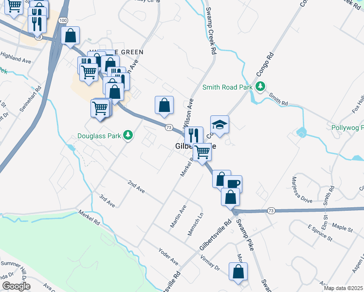 map of restaurants, bars, coffee shops, grocery stores, and more near 1272 East Philadelphia Avenue in Gilbertsville