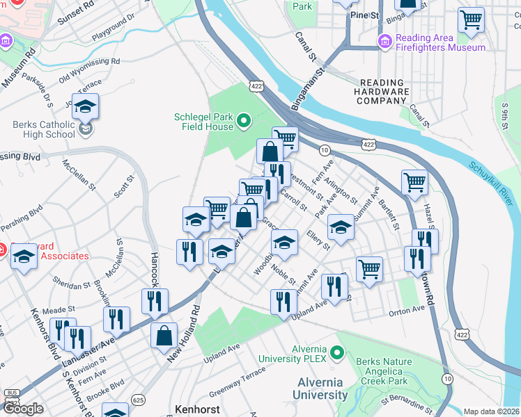 map of restaurants, bars, coffee shops, grocery stores, and more near 501 Lancaster Avenue in Reading