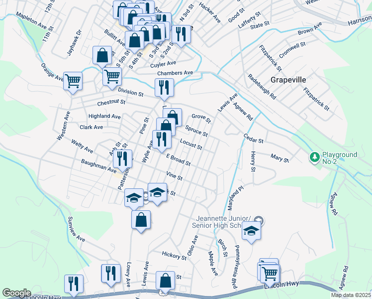 map of restaurants, bars, coffee shops, grocery stores, and more near 604 Michigan Avenue in Jeannette