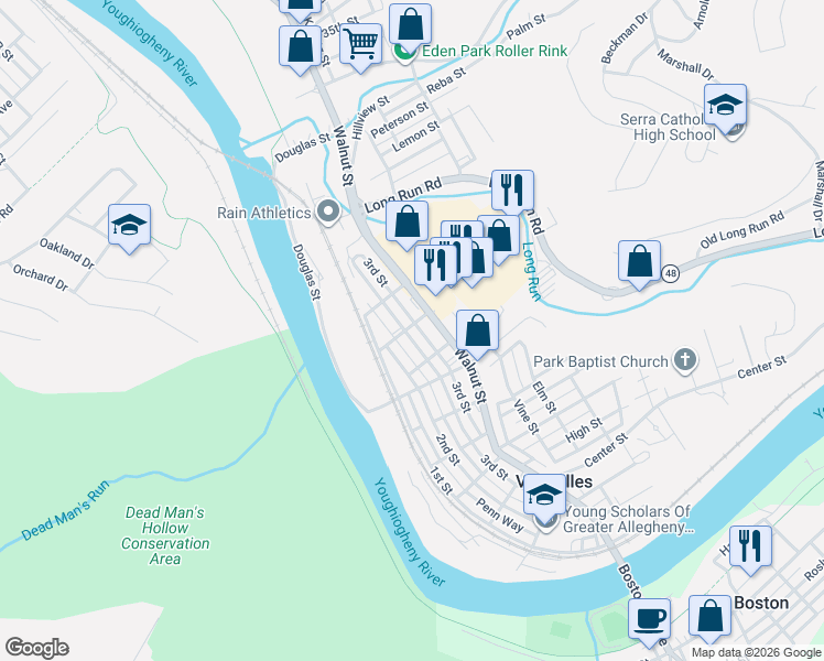 map of restaurants, bars, coffee shops, grocery stores, and more near 4412 Walnut Street in McKeesport