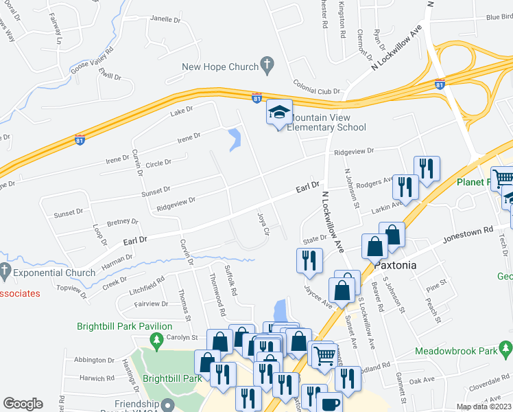 map of restaurants, bars, coffee shops, grocery stores, and more near 100 Joya Circle in Paxtonia
