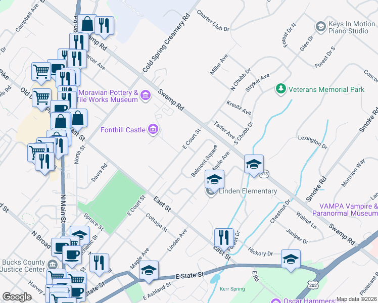 map of restaurants, bars, coffee shops, grocery stores, and more near 4 Belmont Court in Doylestown