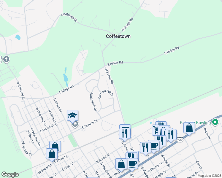 map of restaurants, bars, coffee shops, grocery stores, and more near 14 Peach Circle in Palmyra