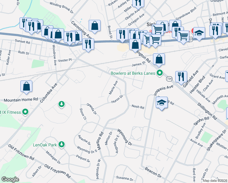 map of restaurants, bars, coffee shops, grocery stores, and more near 730 Maria Avenue in Sinking Spring