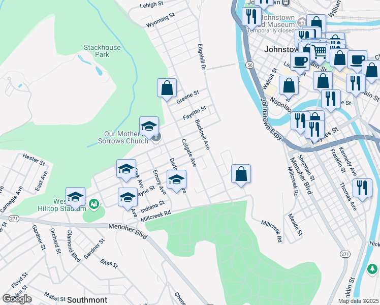 map of restaurants, bars, coffee shops, grocery stores, and more near 299 Colgate Ave in Johnstown