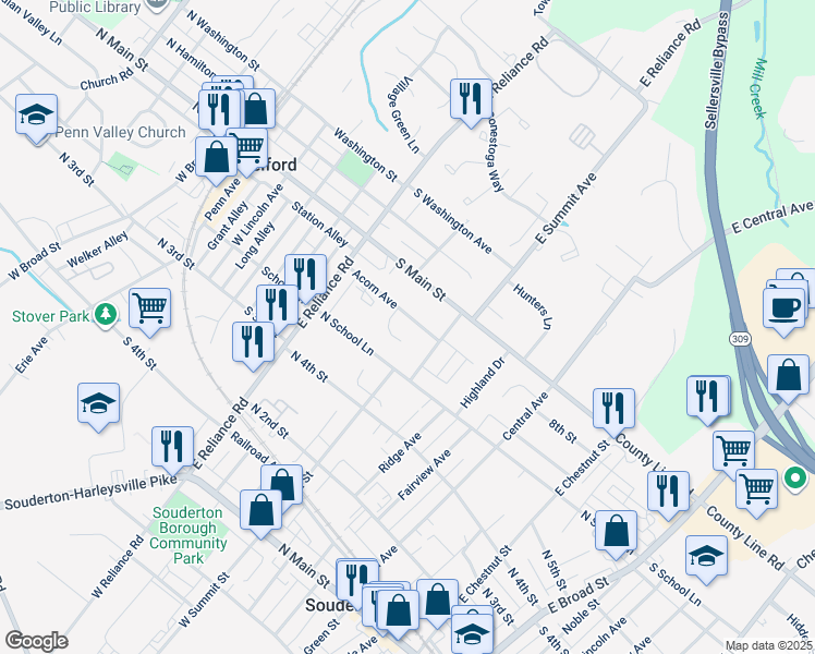 map of restaurants, bars, coffee shops, grocery stores, and more near 408 Acorn Avenue in Telford